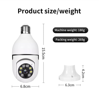 High-quality studio shot of the white smart PTZ light bulb camera with dual light source.