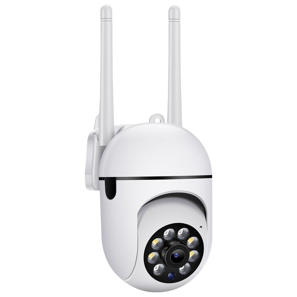A white 1080p outdoor PTZ security camera shown at a three-quarter angle, mounted to a small bracket, with two antennas raised.