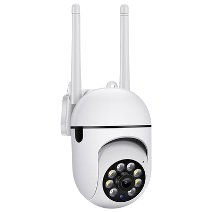 A white 1080p outdoor PTZ security camera shown at a three-quarter angle, mounted to a small bracket, with two antennas raised.