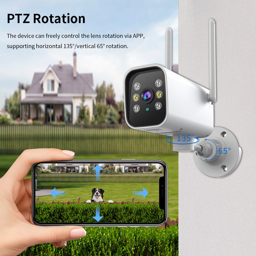 Demonstration of camera rotation showing 135-degree horizontal and 65-degree vertical range controlled via mobile app.