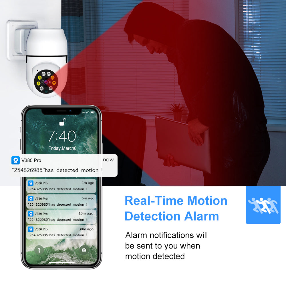 Smartphone notification showing real-time motion detection alarm from the V380 Pro security app.