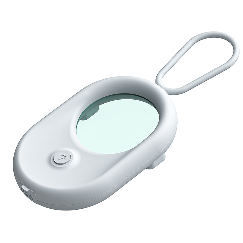 Rear view of the white rechargeable hidden camera finder showing the ergonomic power button.