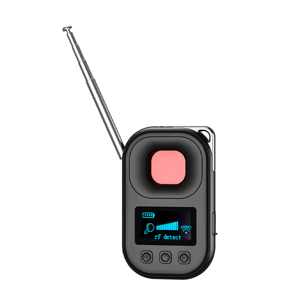 Tactical Outland Pro multi-functional RF detector tilted with antenna extended for sweeping hotel rooms and offices.