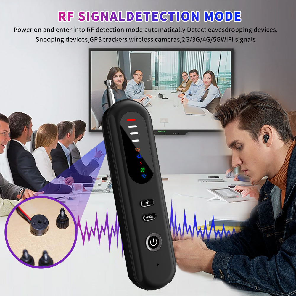 Professional RF signal detection mode scanning a conference room for eavesdropping bugs and unauthorized wireless signals.