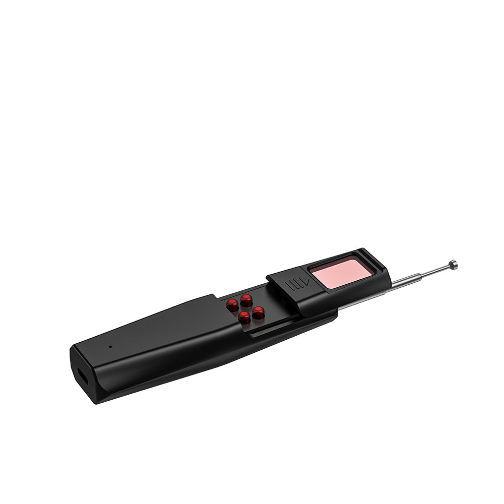 Detailed view of the high-gain retractable antenna on the Tactical Outland RF signal scanner.