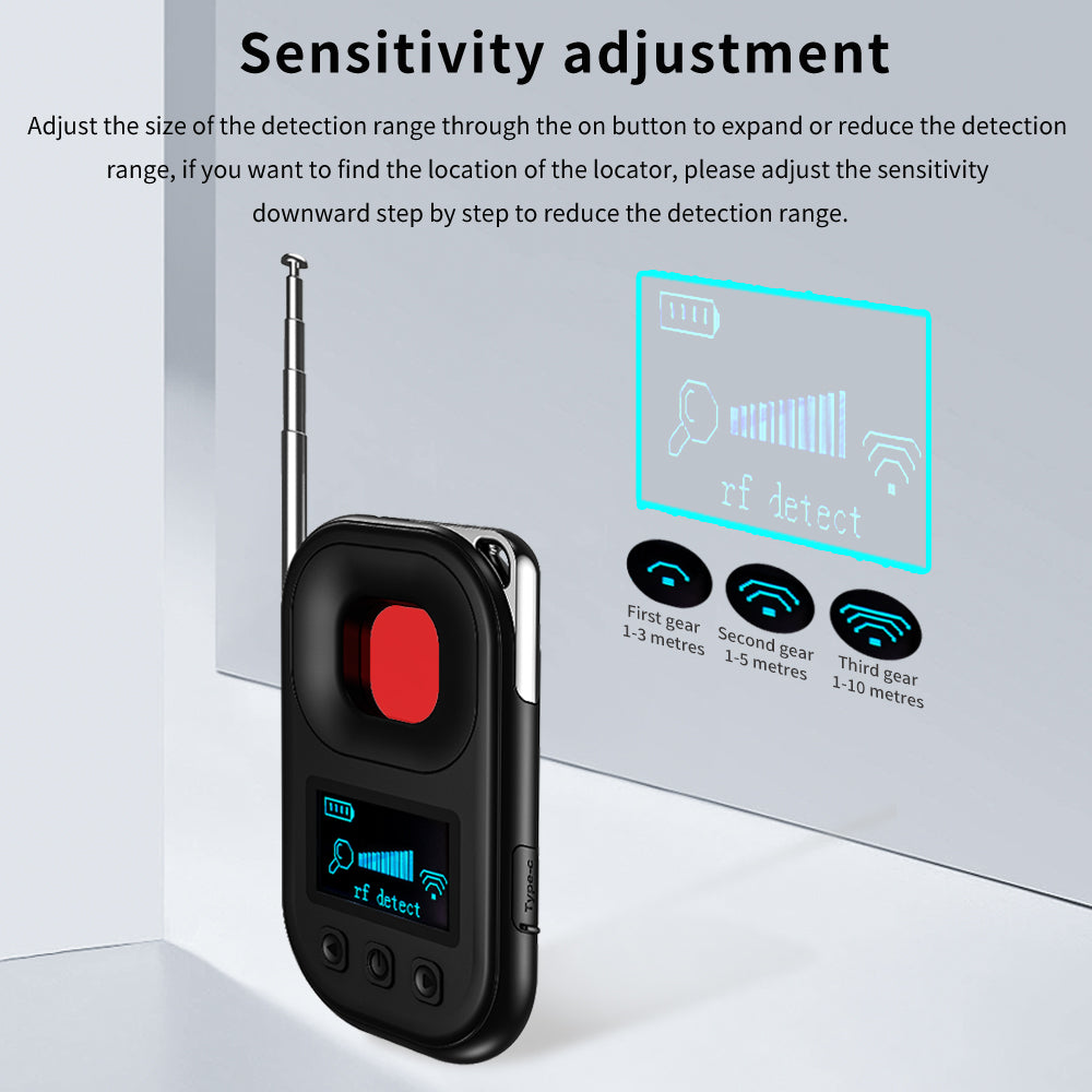 Close-up of the digital display showing three gears of sensitivity adjustment for precise signal tracking.