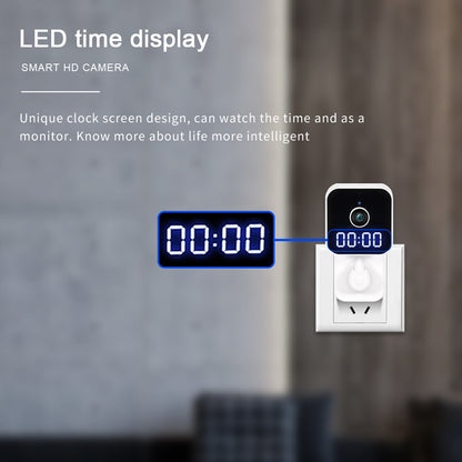 Discreet indoor security camera featuring a built-in blue LED digital time display for home monitoring.