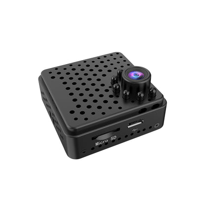 Close-up of the mini WiFi camera showing the Micro SD card slot for 24/7 loop recording and USB charging port.