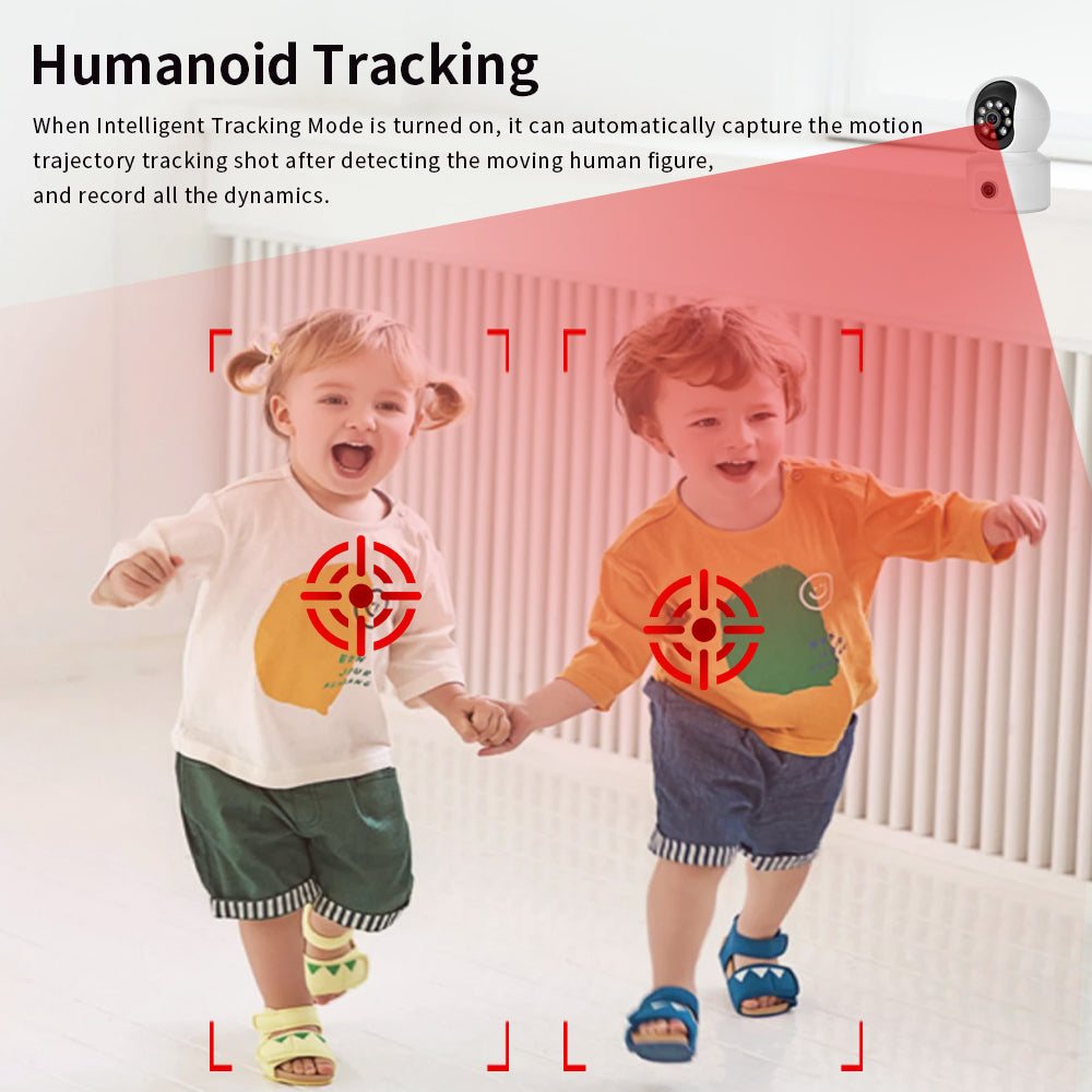 Intelligent AI humanoid tracking feature capturing movement of children in real-time for enhanced home safety.