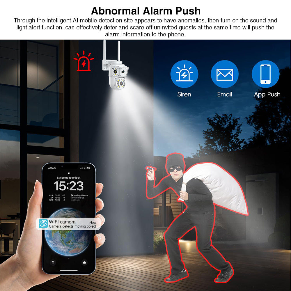 Security camera triggering a spotlight and siren on a masked intruder with phone alert.