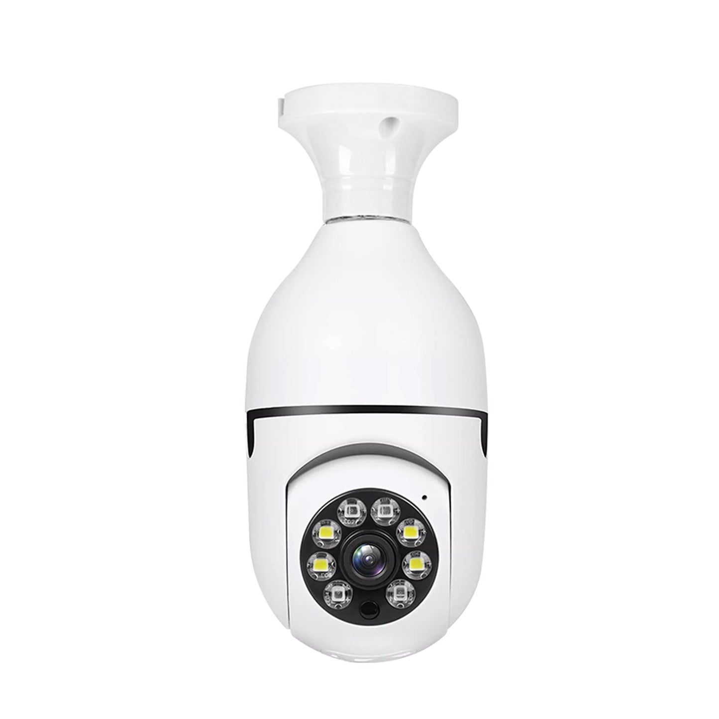 Bottom view of the light bulb camera featuring 4 white LEDs, 4 infrared LEDs, and the camera lens.