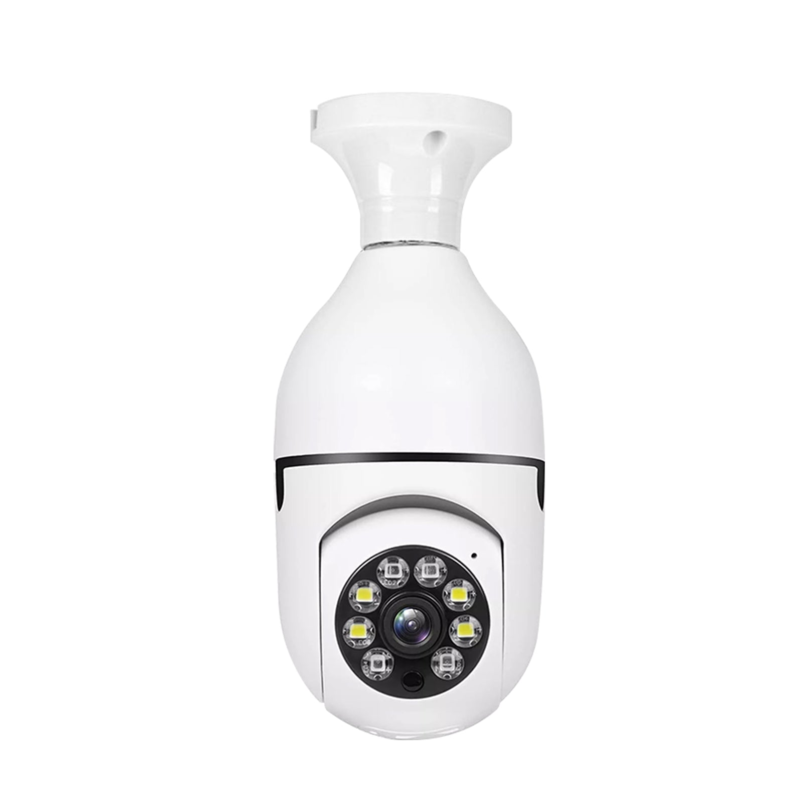 Bottom view of the light bulb camera featuring 4 white LEDs, 4 infrared LEDs, and the camera lens.