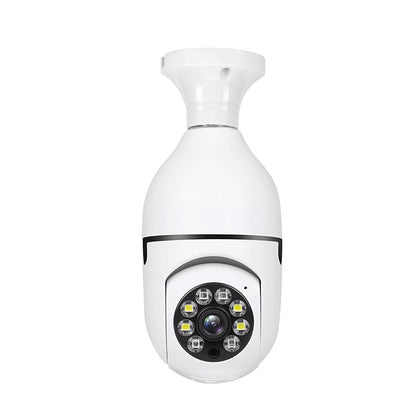 Bottom view of the light bulb camera featuring 4 white LEDs, 4 infrared LEDs, and the camera lens.