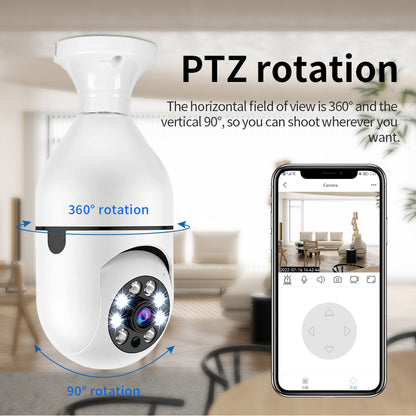 Smart security camera with integrated LED lights for night visibility and home lighting.