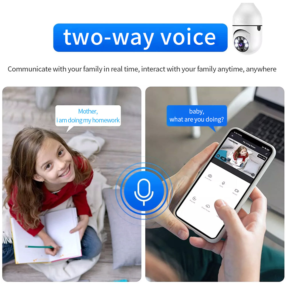 Remote phone monitoring scene showing baby and home safety via smart bulb camera.