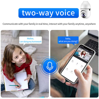 Remote phone monitoring scene showing baby and home safety via smart bulb camera.