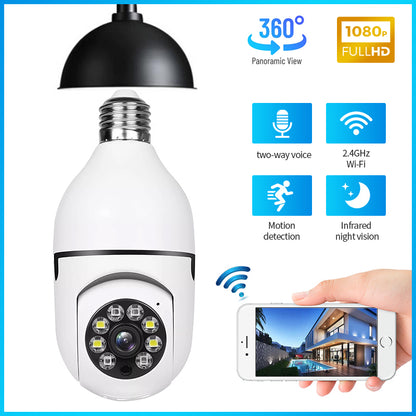 Front view of a white smart 1080P light bulb security camera with dual lens lighting.