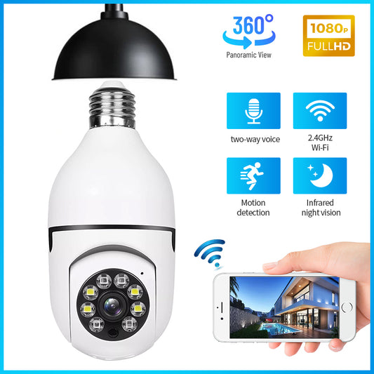 Front view of a white smart 1080P light bulb security camera with dual lens lighting.