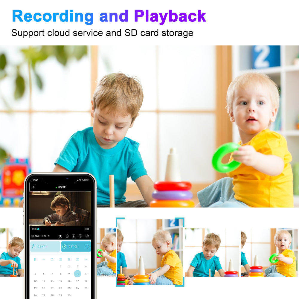 Smartphone interface showing video playback and recording options via cloud service and local SD card storage for 24/7 security monitoring.