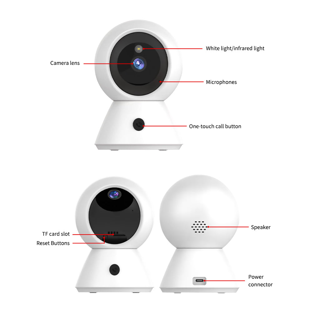 Diagram of camera components including lens, microphone, one-touch call button, TF card slot, reset button, and power connector.