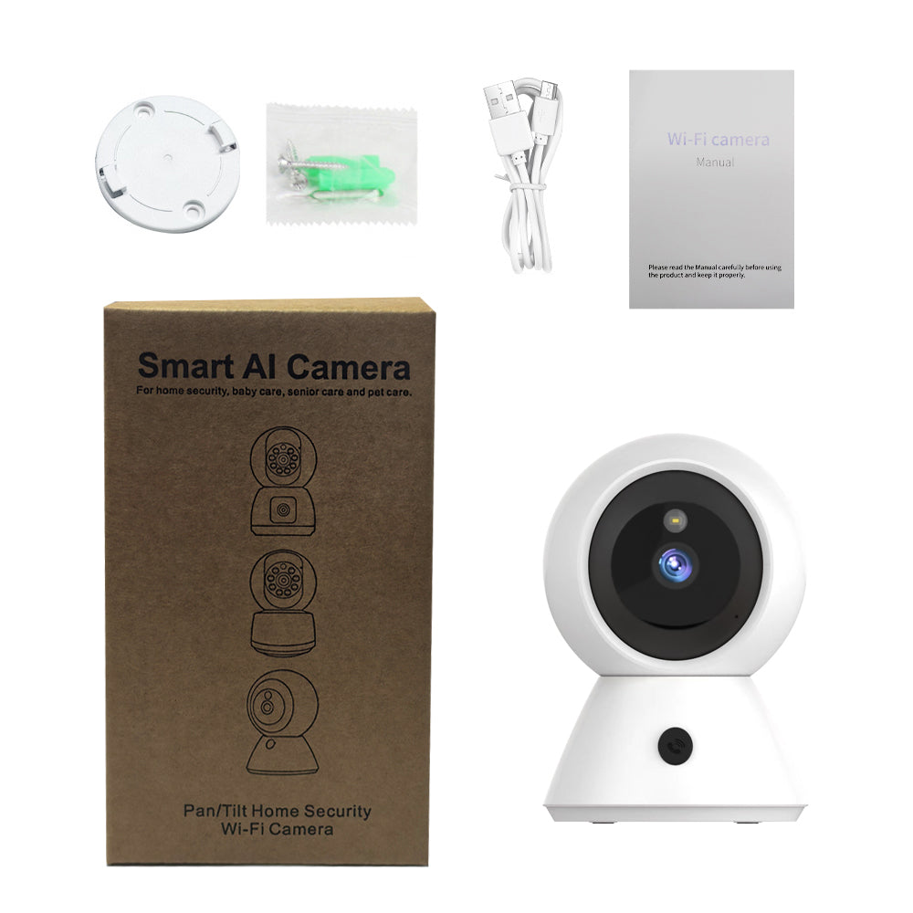 Complete package contents for the Tactical Outland Smart AI Camera including mounting base, screws, USB cable, user manual, and the Wi-Fi camera unit.