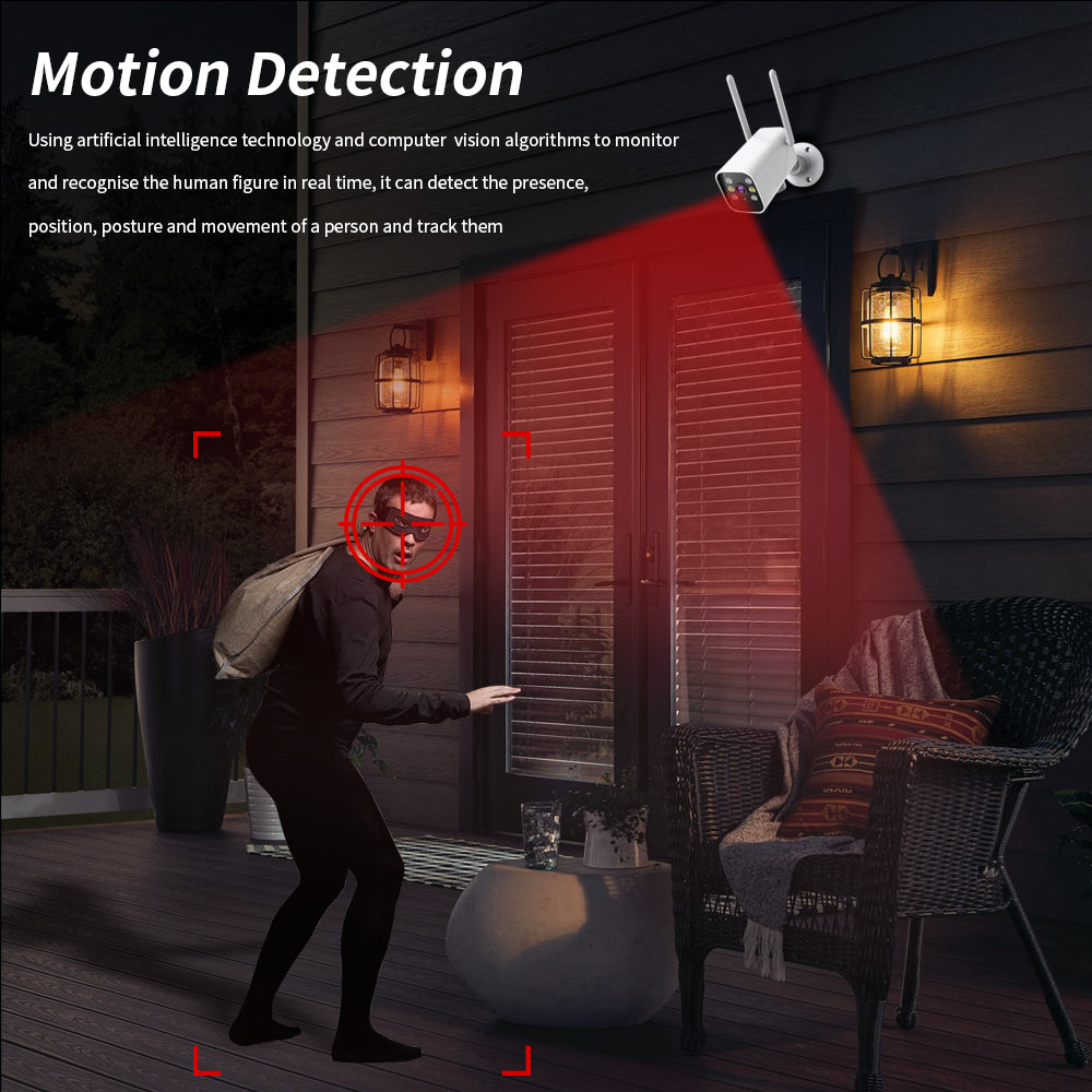 Nighttime security footage showing motion detection technology identifying a person on a patio and sending an instant alert.