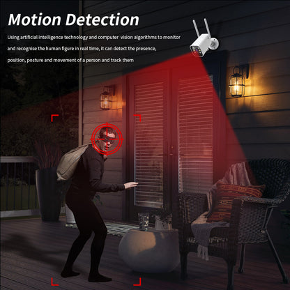 Nighttime security footage showing motion detection technology identifying a person on a patio and sending an instant alert.