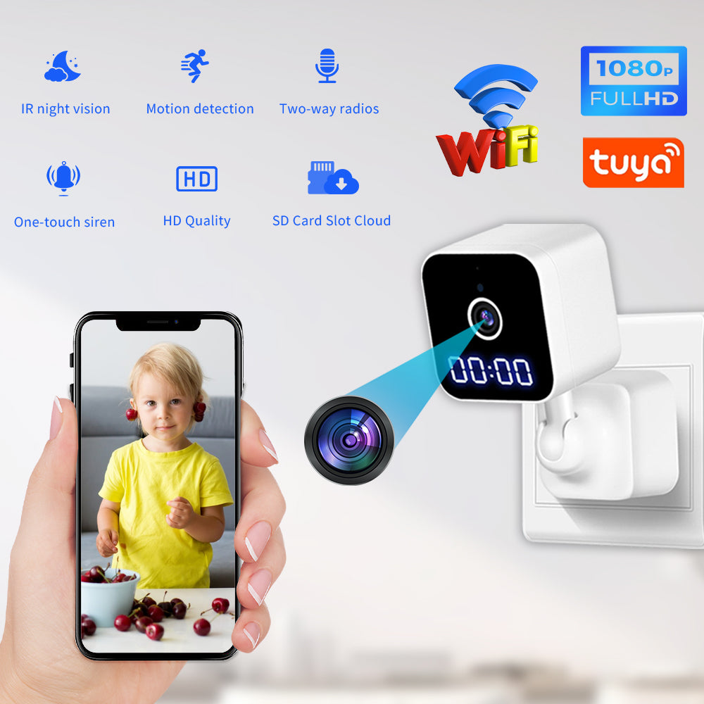 1080P Smart HD plug-in security camera with Tuya app integration, LED clock, and night vision features.