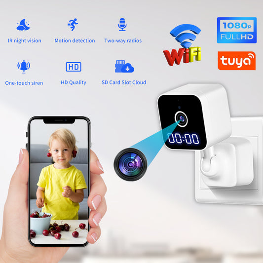 1080P Smart HD plug-in security camera with Tuya app integration, LED clock, and night vision features.