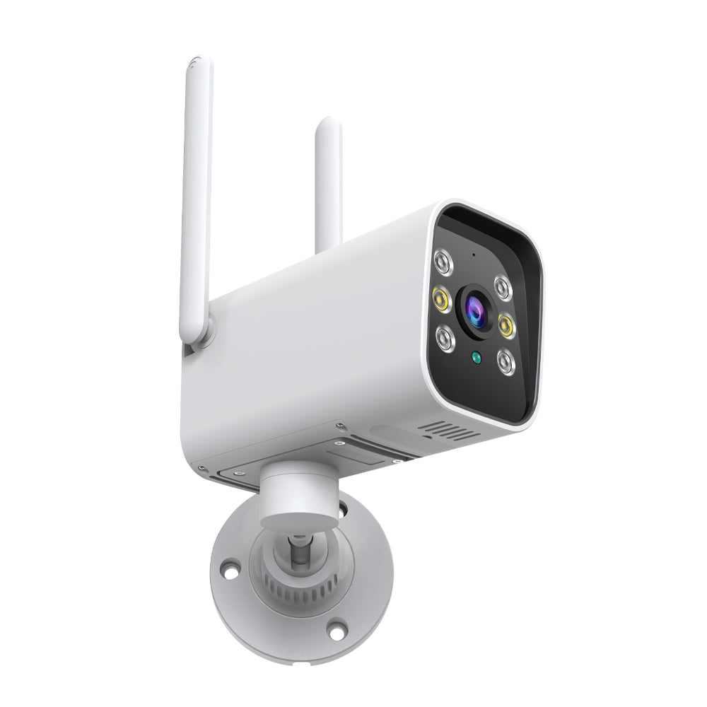 Low-angle studio shot of a white PTZ security camera showing the 360-degree adjustable mounting bracket and integrated speaker for two-way audio.