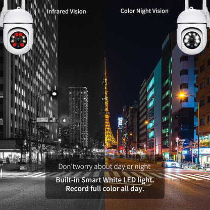 Comparison of black and white infrared vision versus full-color night vision enabled by built-in smart white LED lights on the street at night.