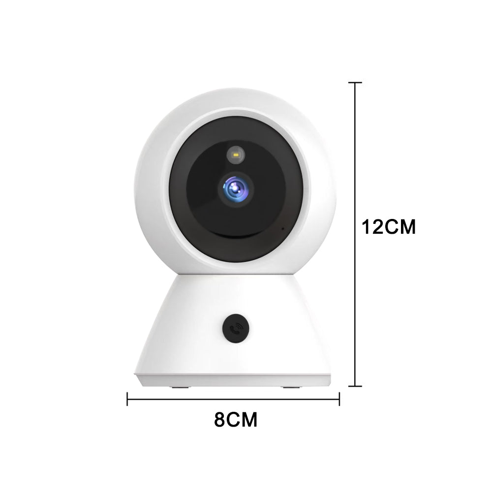 Product dimensions of the home security camera showing a height of 12cm and a base width of 8cm.