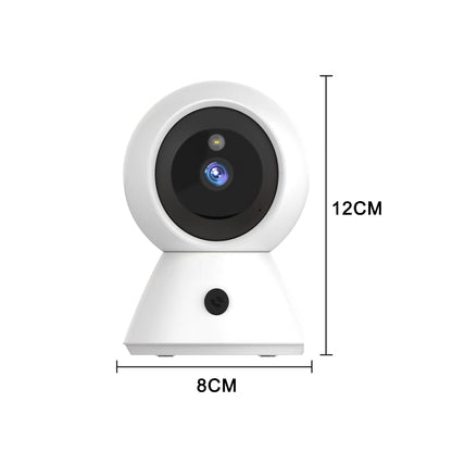 Product dimensions of the home security camera showing a height of 12cm and a base width of 8cm.