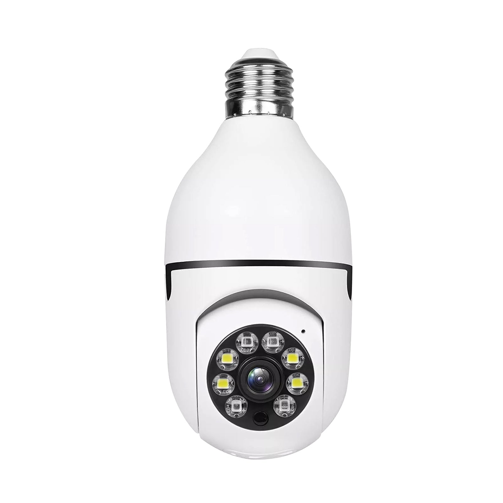 1080P Smart WiFi Light Bulb Security Camera with 360 degree PTZ rotation on a white background.