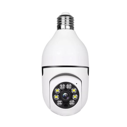 1080P Smart WiFi Light Bulb Security Camera with 360 degree PTZ rotation on a white background.