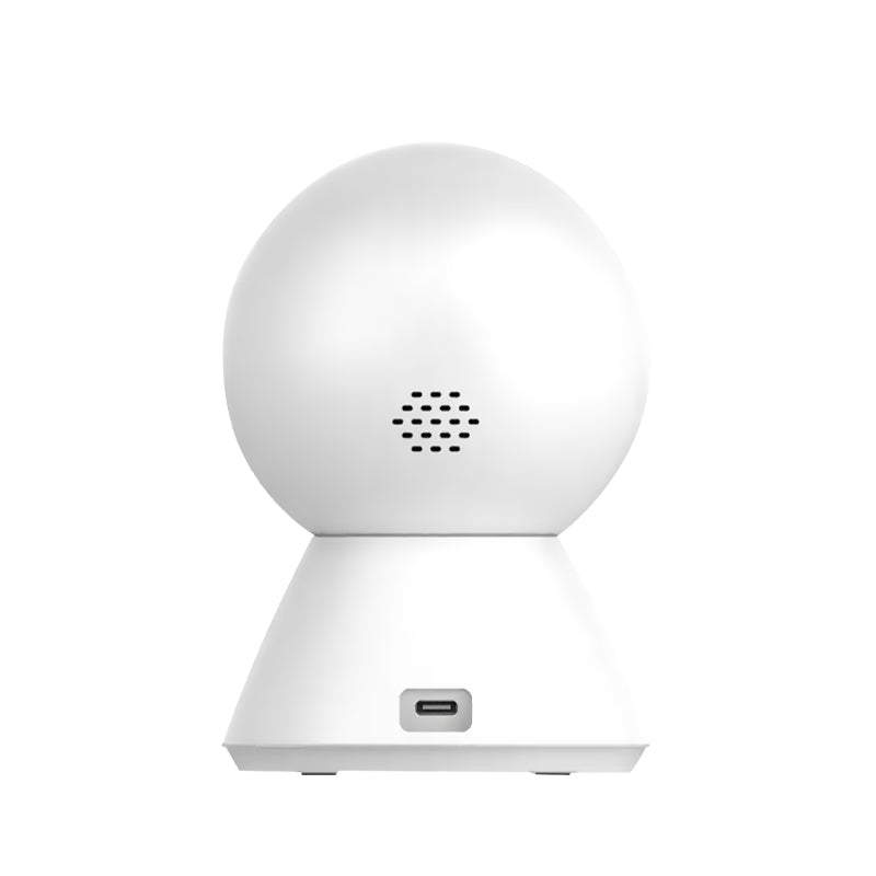 Rear view of the smart security camera showing the built-in speaker grille and USB power connector port.