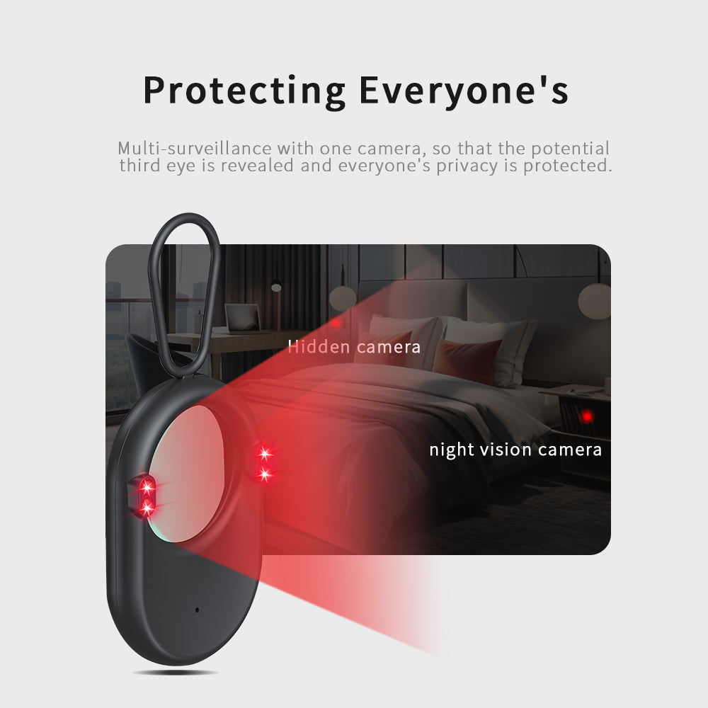 Black anti-snooping detector scanning a dark room to find hidden night vision cameras and protect personal privacy.