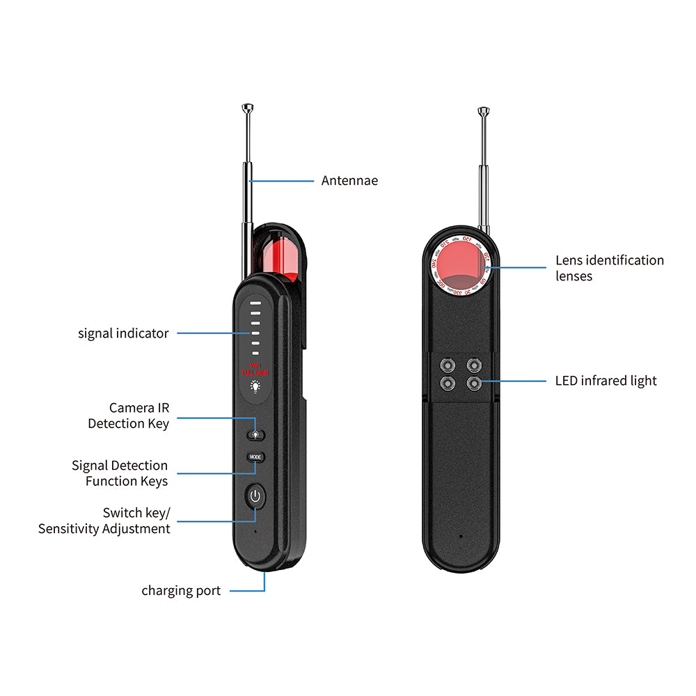 Detailed product diagram of the T01 smart camera detector showing antenna, signal indicator, and IR light.