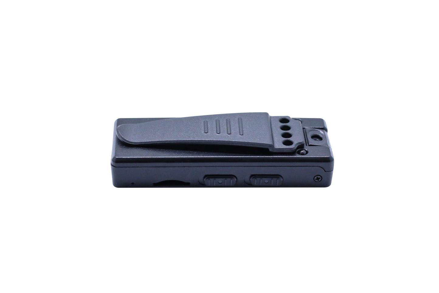 Side profile of the Tactical Outland body camera highlighting the tactile recording buttons and slim design.