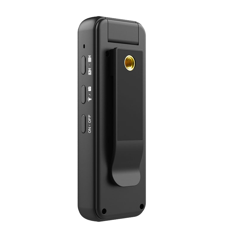 Back view of the body camera featuring a universal tripod screw mount for stable recording.