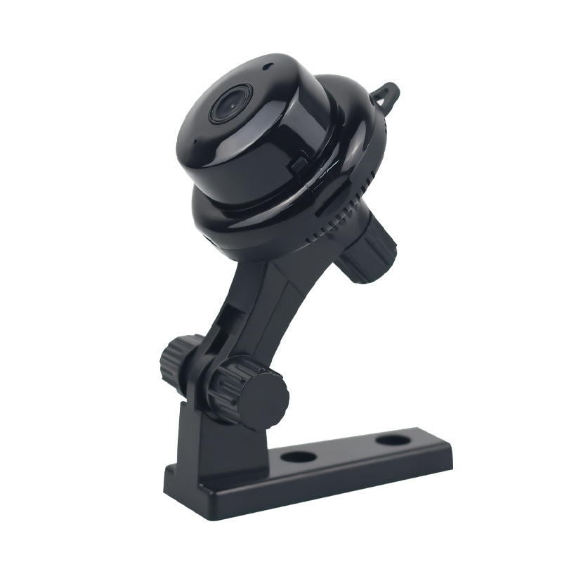 Side profile of the Tactical HD mini WiFi camera mounted on its fully adjustable pivot stand, showing the compact design.