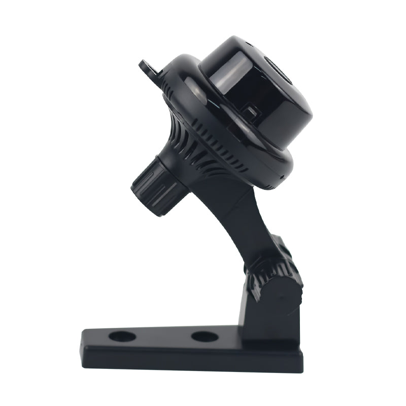 The Tactical mini WiFi security camera angled up on its flexible mount, displaying the sturdy mounting base.