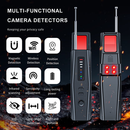 Tactical Outland 4-in-1 anti-spy camera detector showing magnetic detection, wireless signal scanning, and infrared camera seeker features.