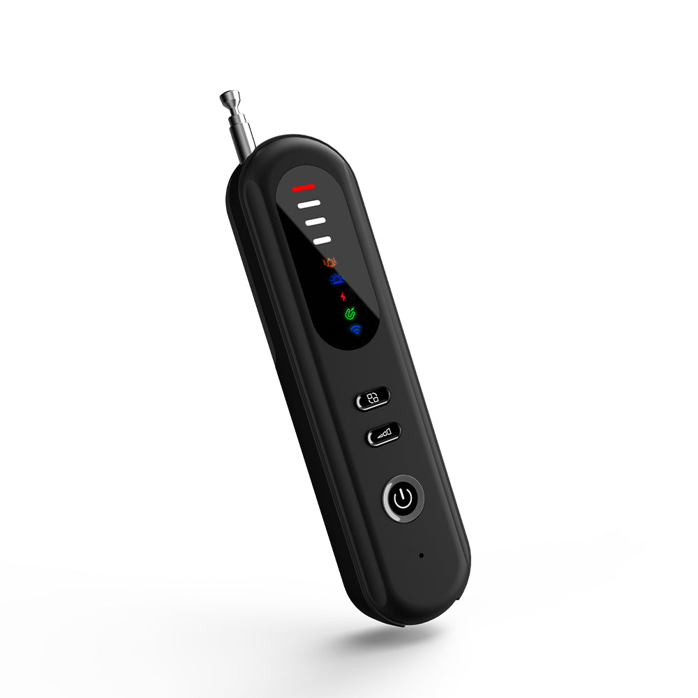 Professional 4-in-1 anti-spy hidden camera detector and magnetic field scanner in a black ergonomic design.