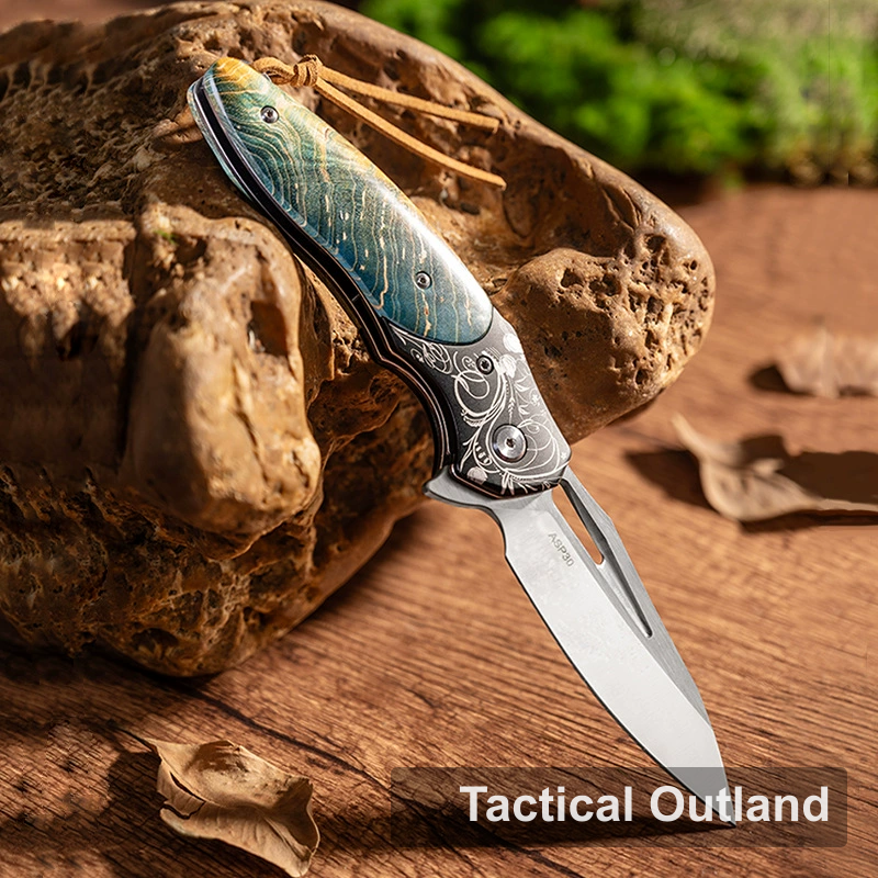 Angled view of ASP30 powder steel folding knife with stabilized wood handle