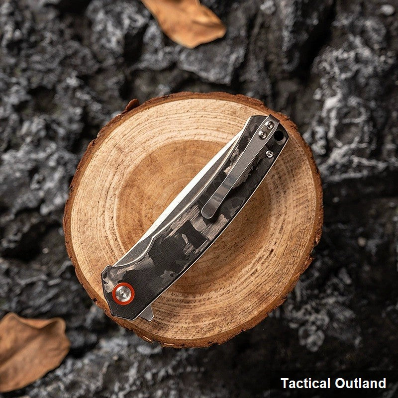 D2 steel carbon-fiber edge-lock folding knife handle detail