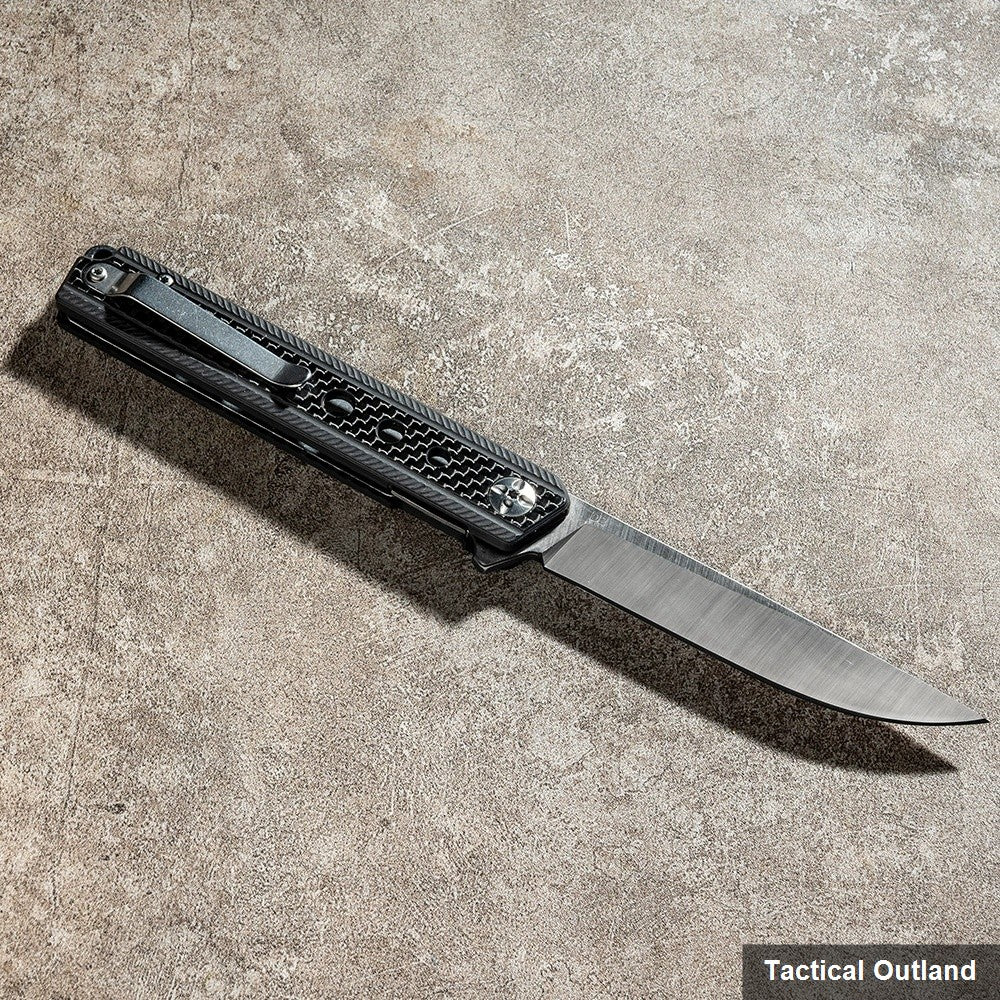 D2 carbon fiber liner-lock folding knife, open view