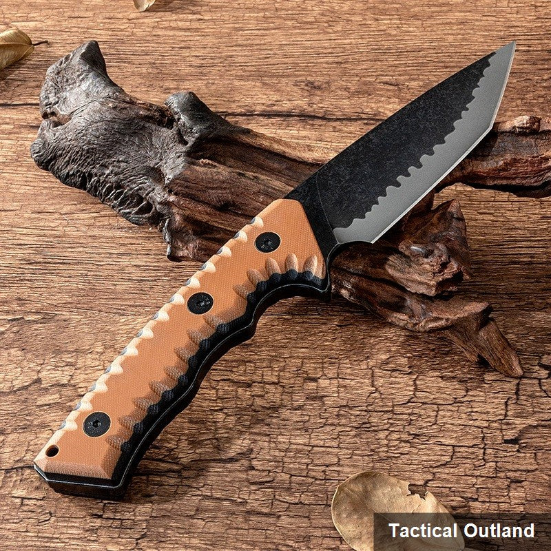 D2 steel G10 fixed-blade survival knife wood-setting detail