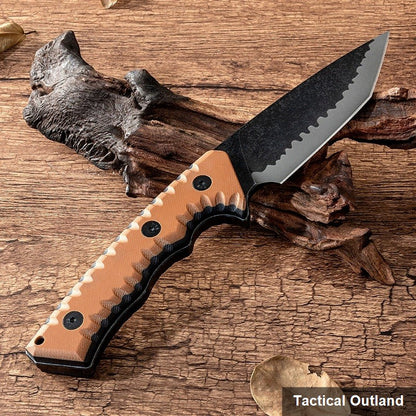 D2 steel G10 fixed-blade survival knife wood-setting detail