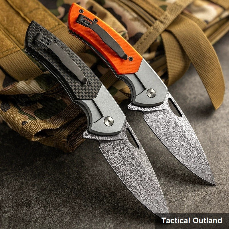 Damascus titanium carbon-fiber folding knife lifestyle view